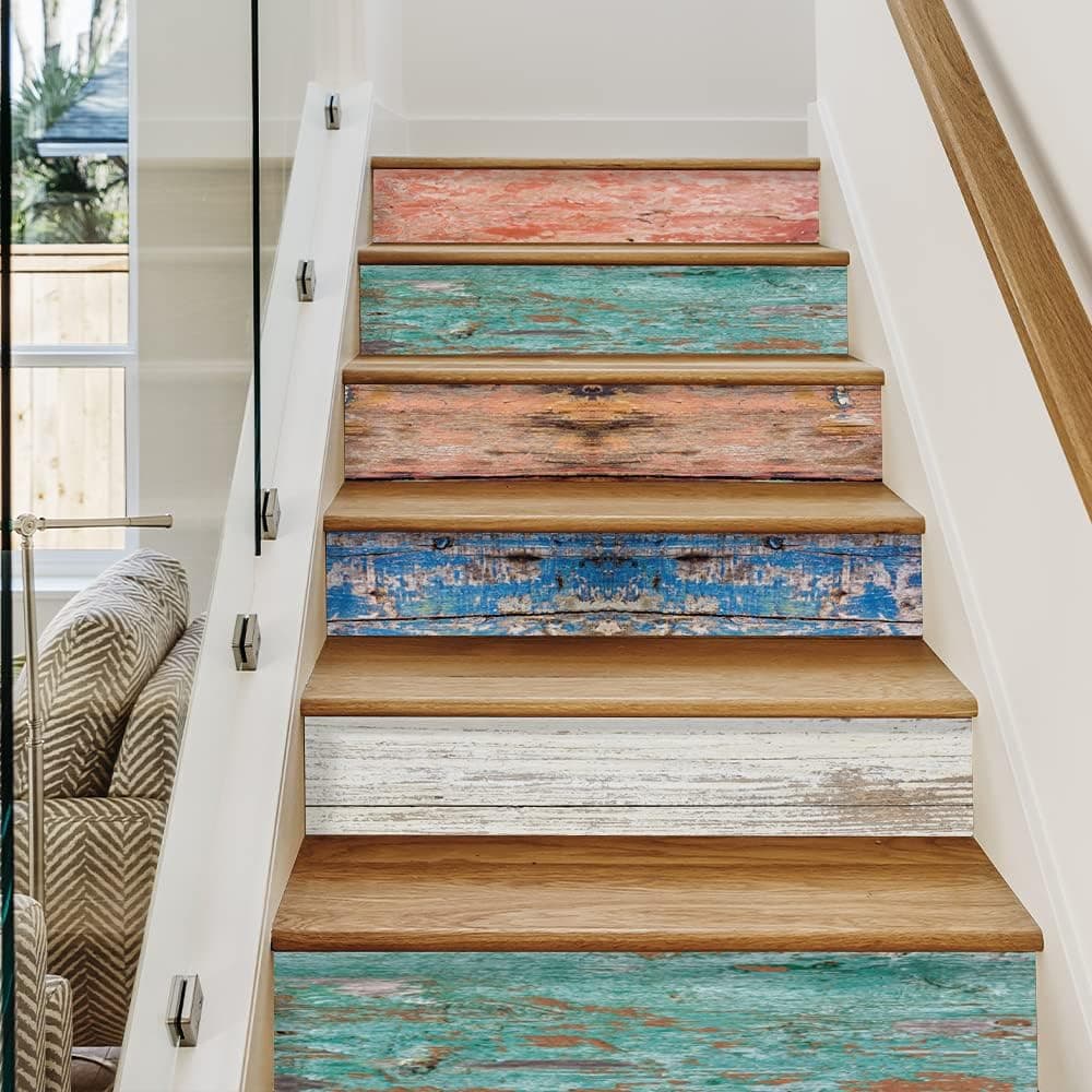 funlife 14PCS Farmhouse Self-Adhesive Stair Riser Stickers, Peel and Stick Contact Paper Staircase Decal, 39.37"x7.09", Color Wood