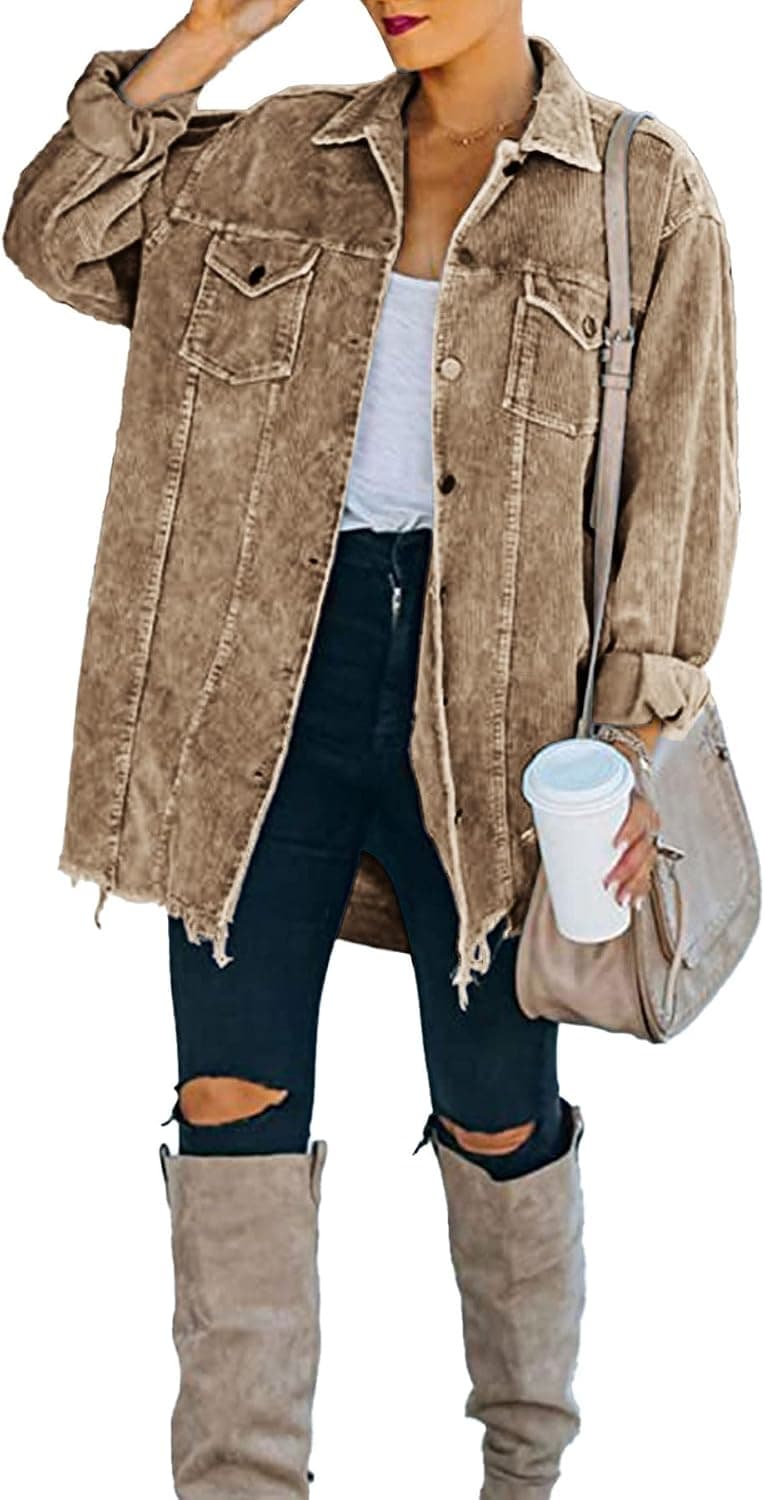 Ainangua Women's Oversized Corduroy Shirts Long Sleeve Button Down Retro Jacket Coat Shacket