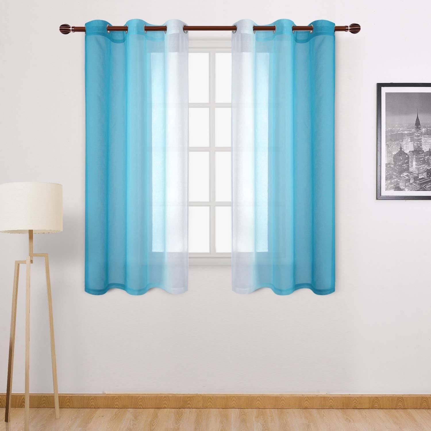 DWCN Ombre Sheer Curtains - Faux Linen Gradient Semi Voile Grommet Top Bedroom and Living Room Curtains, Set of 2 Window Curtain Panels, 42 x 54 Inch Length, Sky Blue