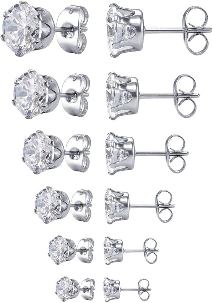 Jstyle Stud Earrings for Women Mens Stainless Steel Earrings, 3-8mm Round Cubic Zirconia Earrings Studs Ear Piercing Jewelry Set