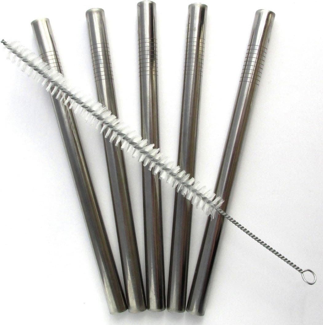 bar habitué - Super Sized Stainless Steel Drinking Straws for Bubble (Boba) Tea, Chunky Milkshakes, and Healthy Smoothies, Set of 5 Reusable Straws with Extra Long Cleaning Brush Included.