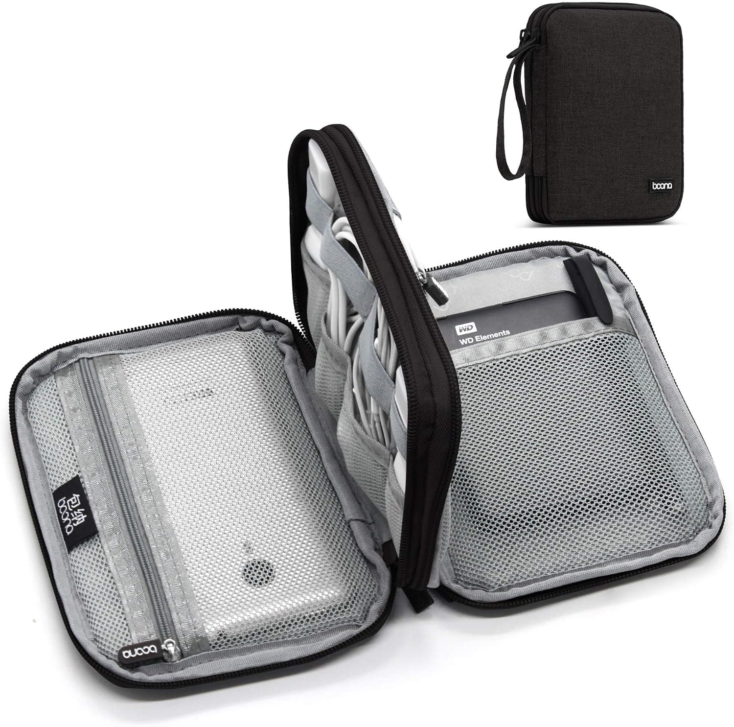 BOONA Dual Cable Organizer Cord Wire Bag Electronic Accessories Carrying Storage Bag,Portable Waterproof (Black, Small)
