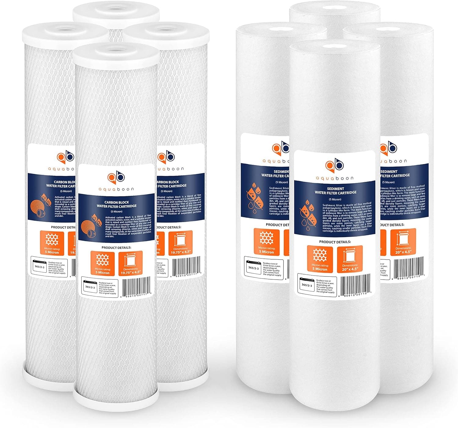Aquaboon 5 Micron 20" x 4.5" CTO Carbon Block & Sediment Replacement Filter Cartridges Set, 4 set, 8PK COMPATIBLE WITH: FC25BX4, 32-450-20-GREEN, EP20-BB, 2C-20BB, 155358-43, DGD-5005-20, 33003117-1