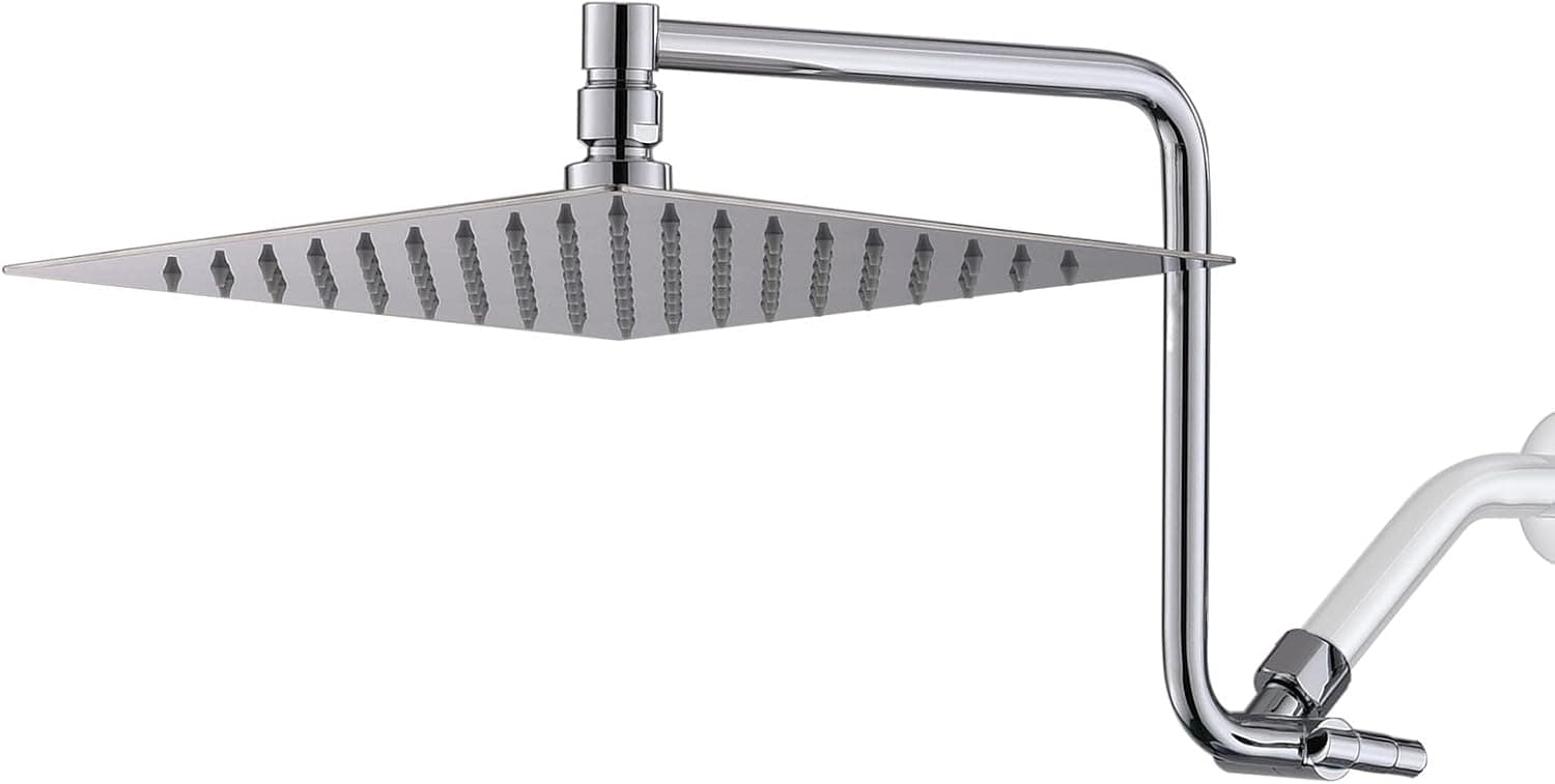 All Metal 10 Inches Rain Shower Head with 12 Inches Adjustable Extension Arm, High Pressure Stainless Steel Extra Large Rainfall Showerhead, Ultra Thin Vertically Rainfall for Bath Shower, Chrome