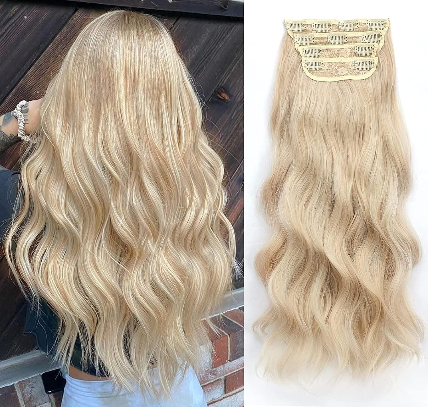 Nnzes Clip in Long Wavy Hair Extension 4PCS Thick Bleach Blonde mix Light Blonde Hairpieces Double Weft 20 Inch Synthetic Hair Extension for Women (20 Inch)