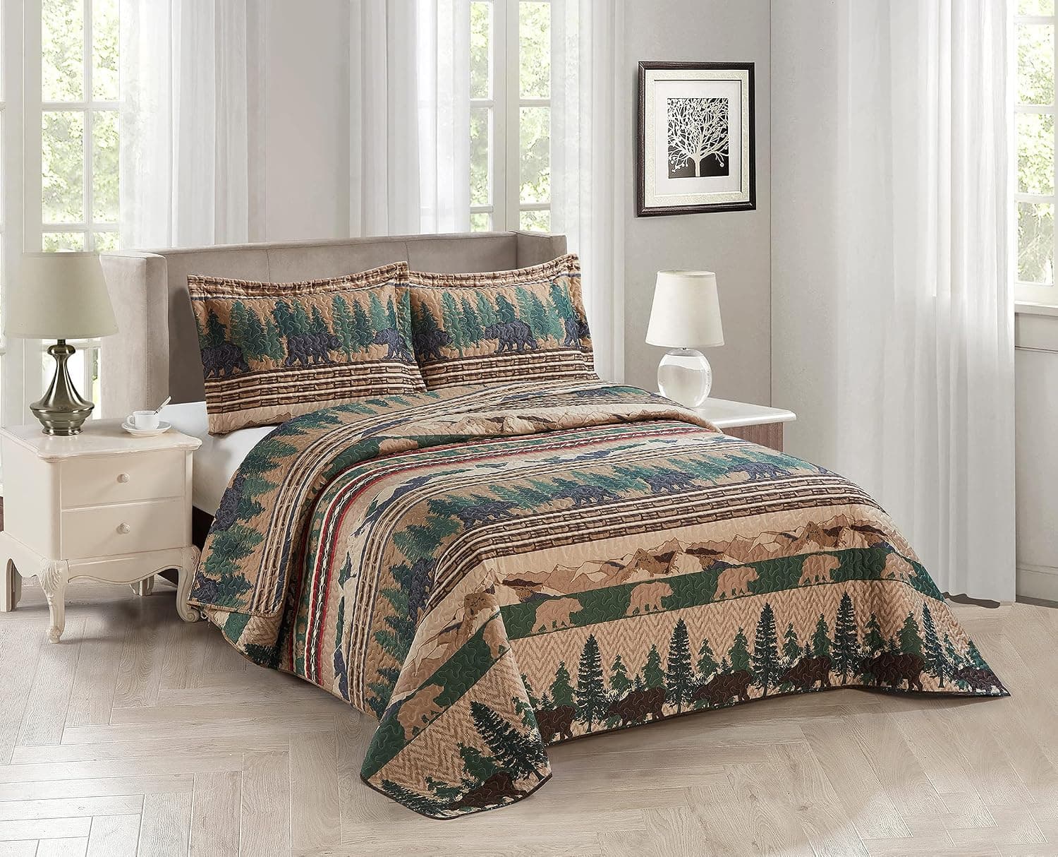 Azore Linen Rustic Quilt Stitched Cabin Bedspread Bedding Set in Beige Tan Brown and Green with Grizzly Bears and The Western Sequoia Backcountry - Sequoia (Twin)