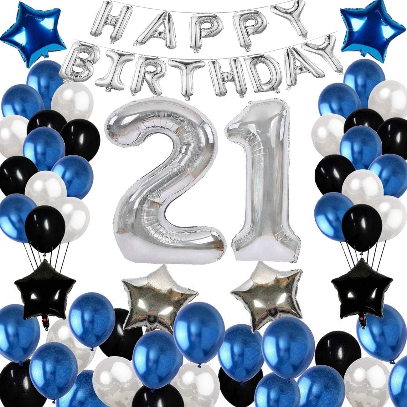 21st Birthday Decorations/ 12 & 21 Years Old Birthday Party Decoration Supplies with Happy Birthday Banner & Happy Birthday Balloons Decor, Perfect for Girls and Boys/Blue Silver and Black (80 pcs)