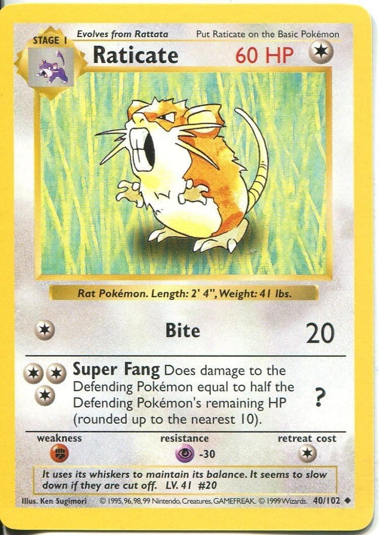 Wizards of the Coast Pokemon Base Set Shadowless Uncommon Card #40/102 Raticate