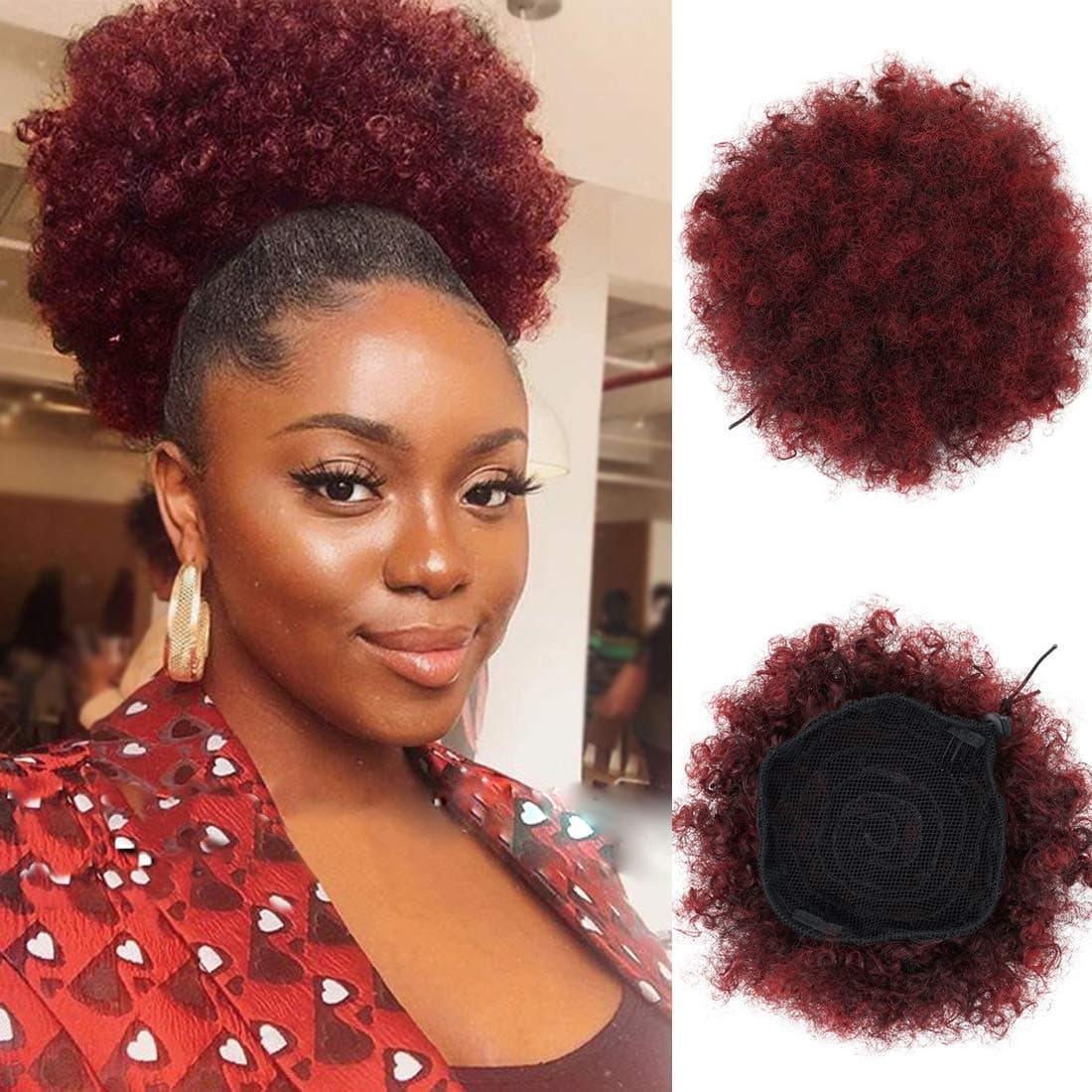 Short Afro Kinky Curly Synthetic Puff, Updo Wraps Hair Bun with Drawstrings and 2 Combs (Medium, T1B/BUG)