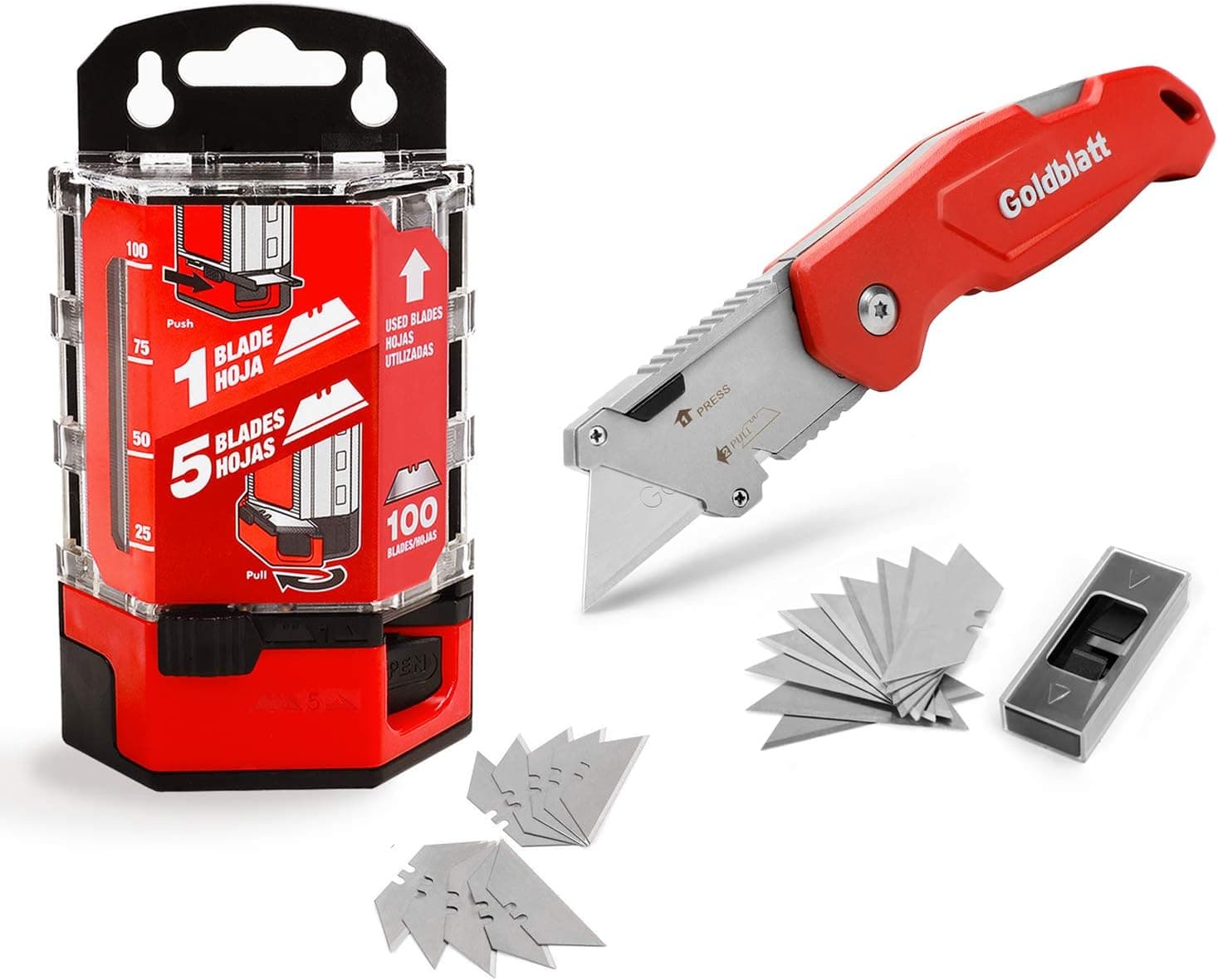 Goldblatt Folding Utility Knife with 10-piece Extra Blades and 100-Pack Utility SK2M Blades Set