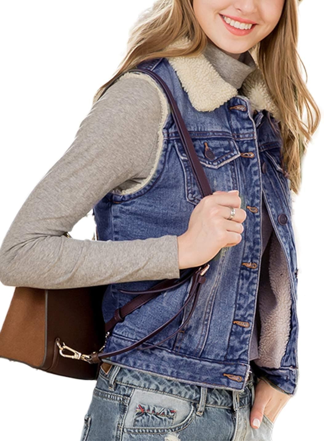 Omoone Women's Sherpa Fleece Lined Ripped Denim Jacket Cropped Jean Trucker Vest（Dark Blue-L）