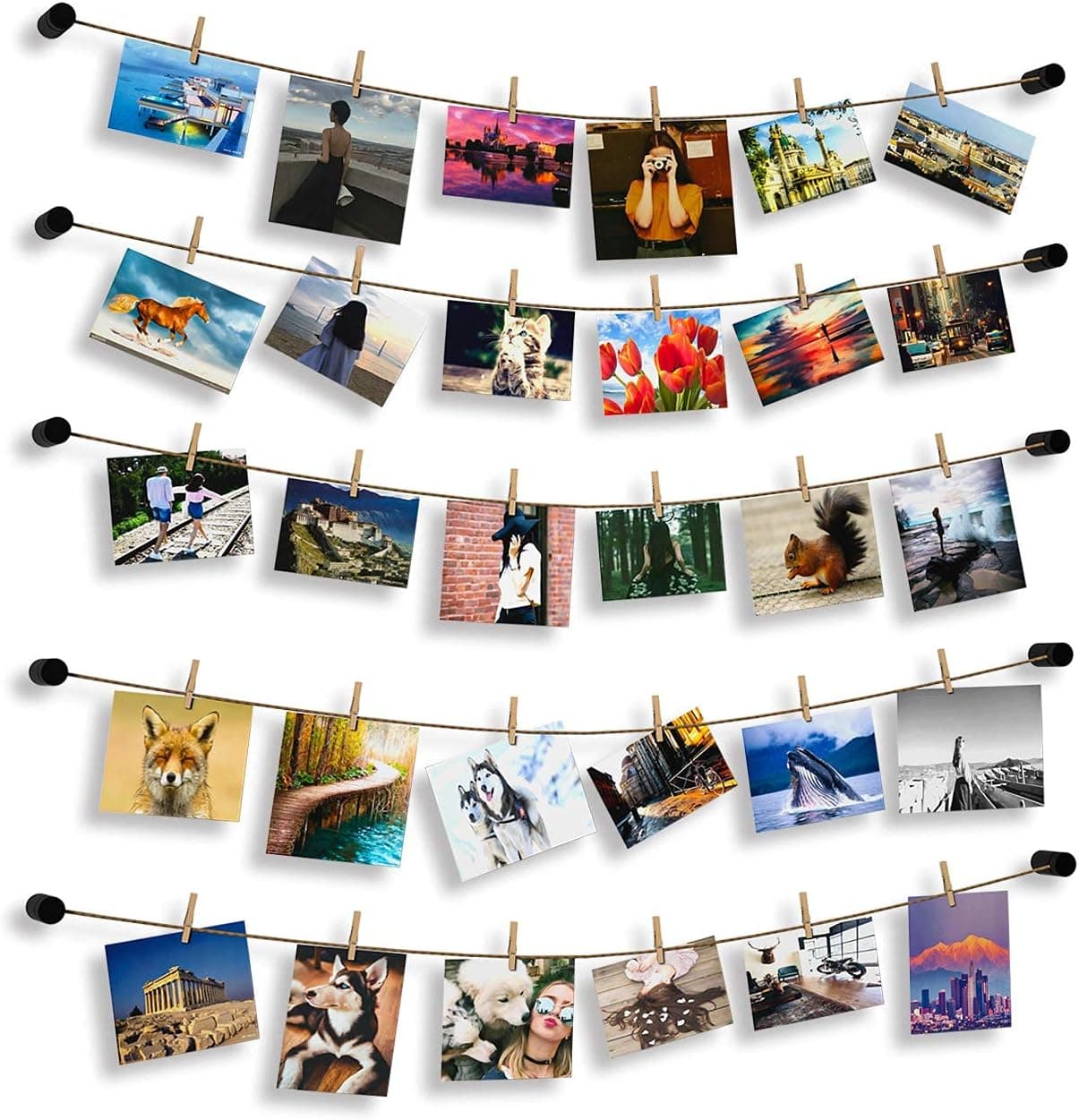 HOSOM String Wall Pictures Hangers with 30 Clips, Photo Hanging Display Frame,Wall Decor for Bedroom, Dorm, Office, Living Room, Matte Black Standoff Nails
