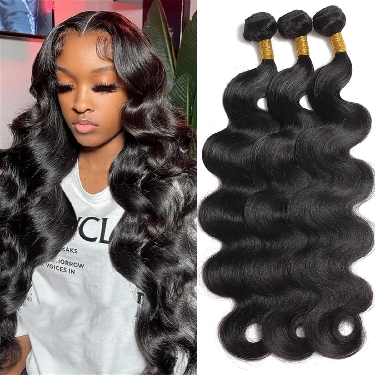 24 26 28 Inch Body Wave Bundles Human Hair 10A Brazilian Virgin Human Hair Bundles Body Wave 100% Unprocessed Weave Bundles Human Hair 3 Bundles Deals Natural Black Color