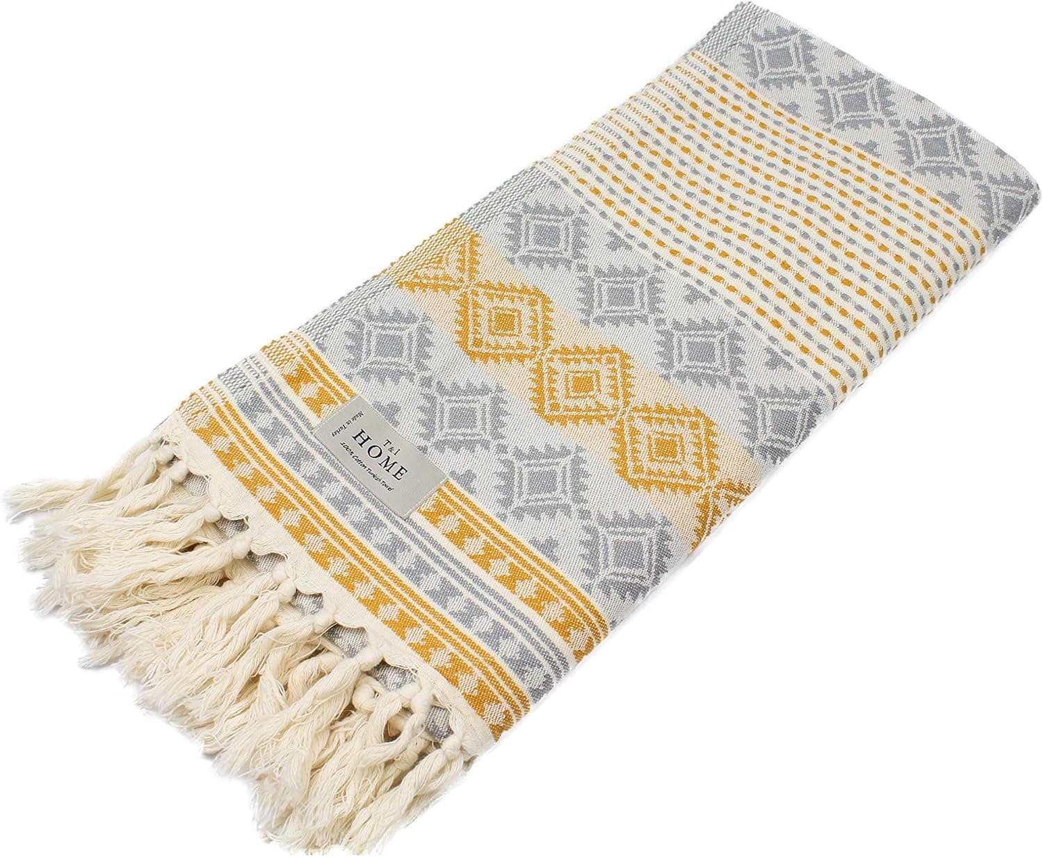 T&I Home Aztec Design 100% Cotton Turkish Beach Towel, Quick Dry, Prewashed - Mustard, Oversized (36x70) Decorative Bathroom Towel, Turkish Peshtemal Towel and Blanket for Spa, Gym, Pool, Yoga