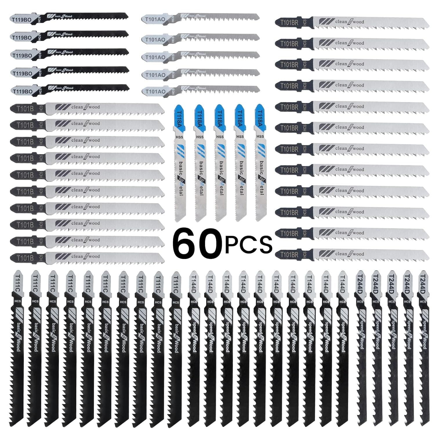 60pcs Jigsaw Blades Set for Cutting Wood and Metal (T144D,T111C,T101B,T101BR,T119BO,T118A,T101AO,T244D), 5pcs for one Pack