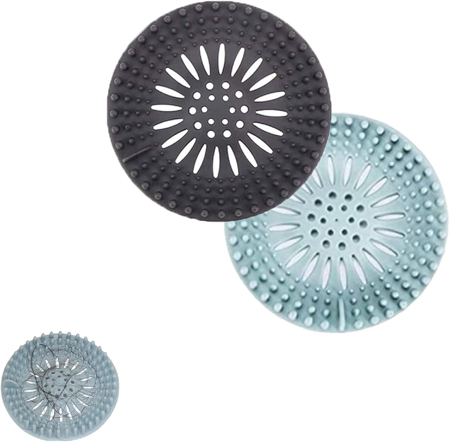 Hair Catcher Shower Drain, JHXTZ 2PC Silicone Shower Accessories, Durable Shower Drain Covers Suit for Bathroom Bathtub and Kitchen(Gray and Black)