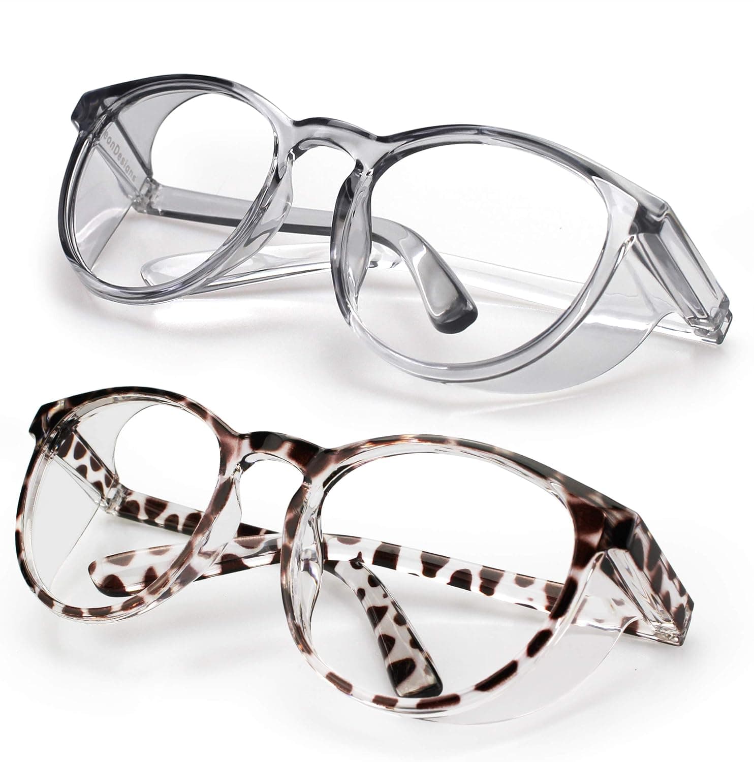 LeonDesigns Stylish Round Safety Glasses Anti-Fog Women | Fashion Eye Protection Blue Light Blocking Glasses with Side Shields | Lab Clear Protection Goggles 2pack (black+Leopard-C1)