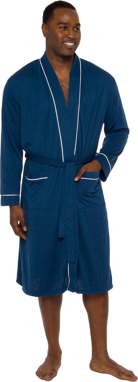 Ross Michaels Mens Robe Lightweight- Mid Length - Summer Bathrobe with Contrast Piping