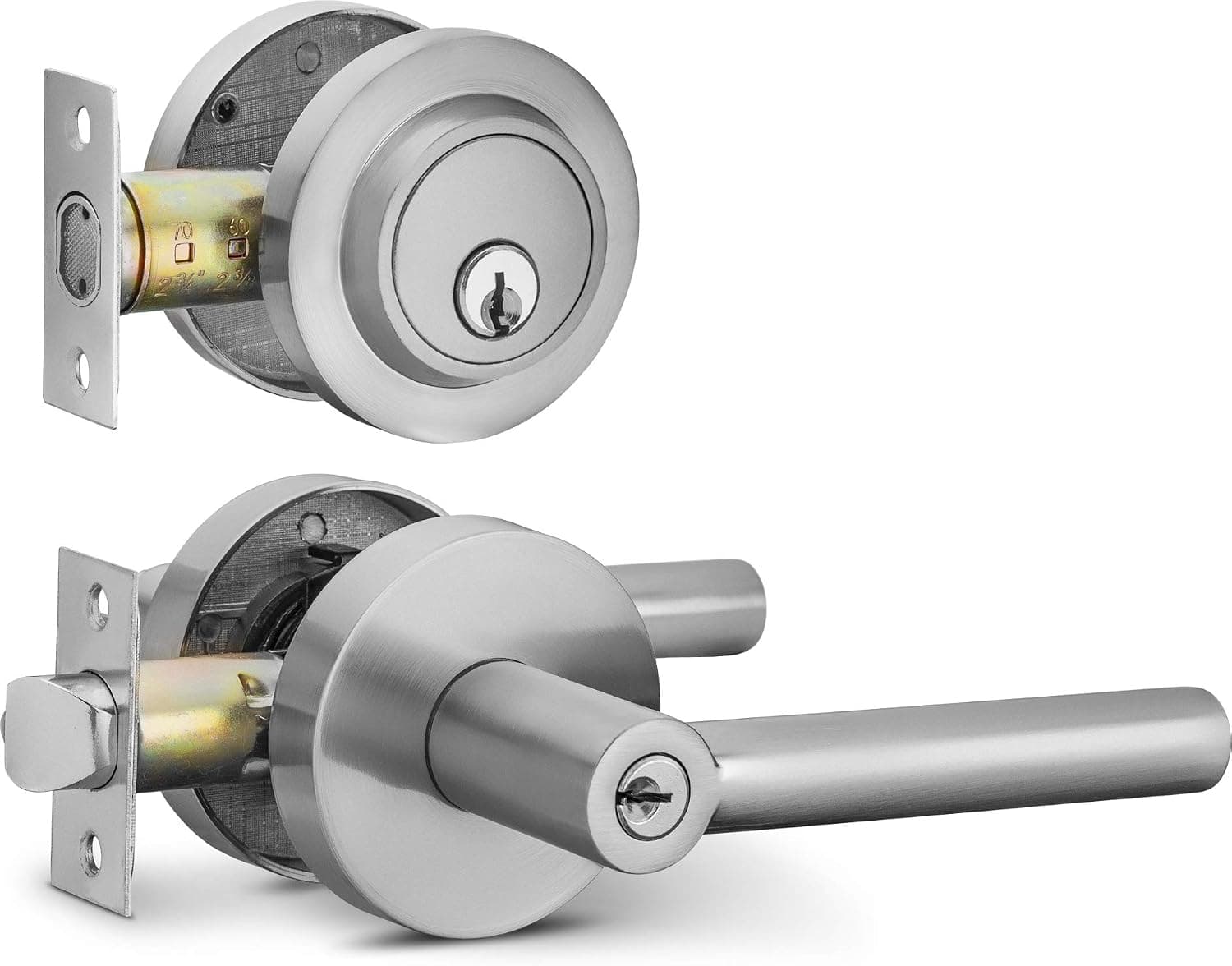 Berlin Modisch Entry Lever Door Handle and Single Cylinder Deadbolt Lock and Key Sleek Round Locking Lever Handle Set [Front Door or Office] Right & Left Sided Doors Heavy Duty – Satin Nickel Finish