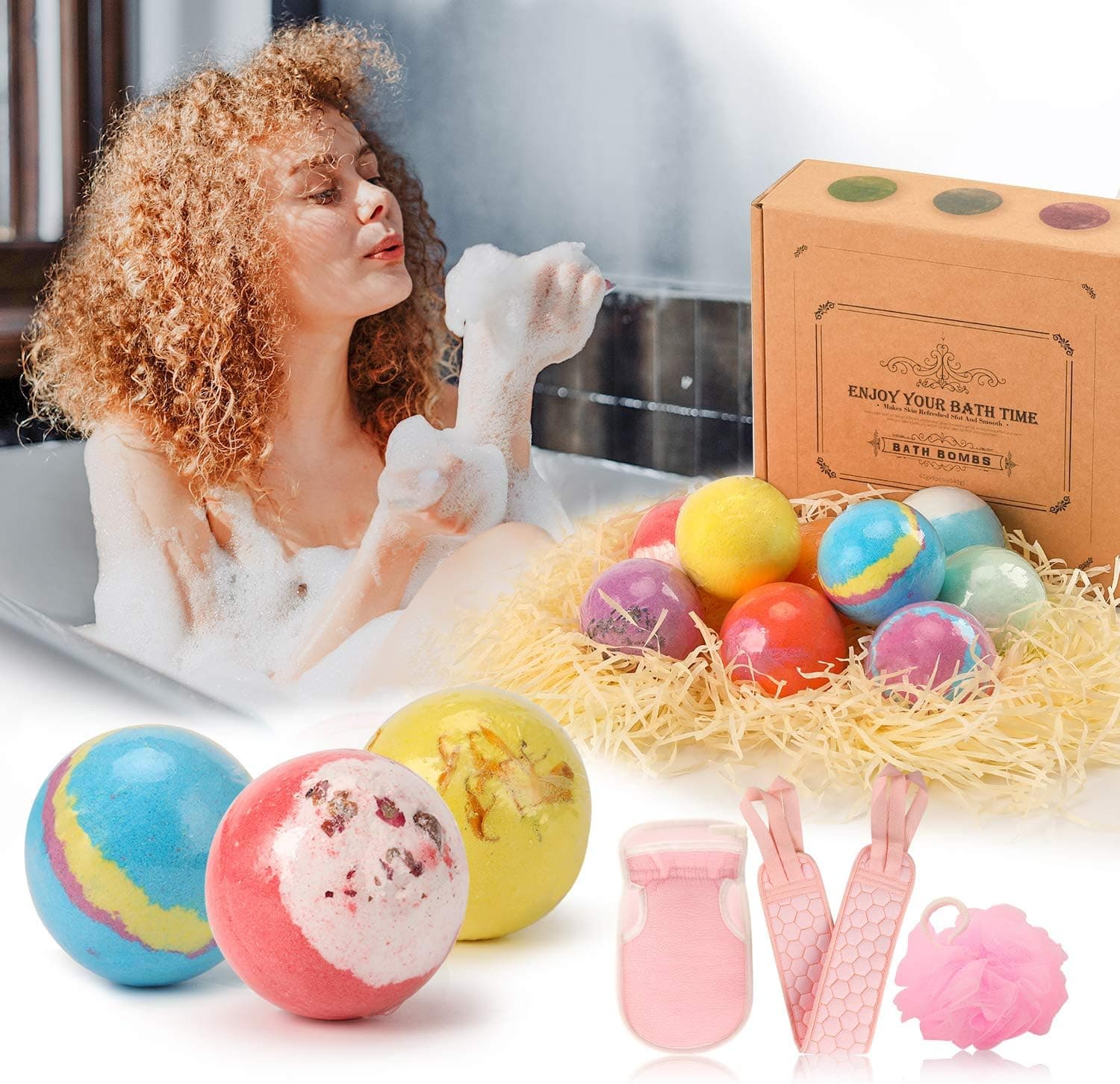 Origin Boutique Bath Bombs Gift Set for Women, 3 in 1Bath Sponge Exfoliating, 9PCS Organic Bath Bombs, Bubble Bath for Women, Shea, SPA Bath Fizzies Set to Moisturize Skin, Secret Sister Gifts for Women