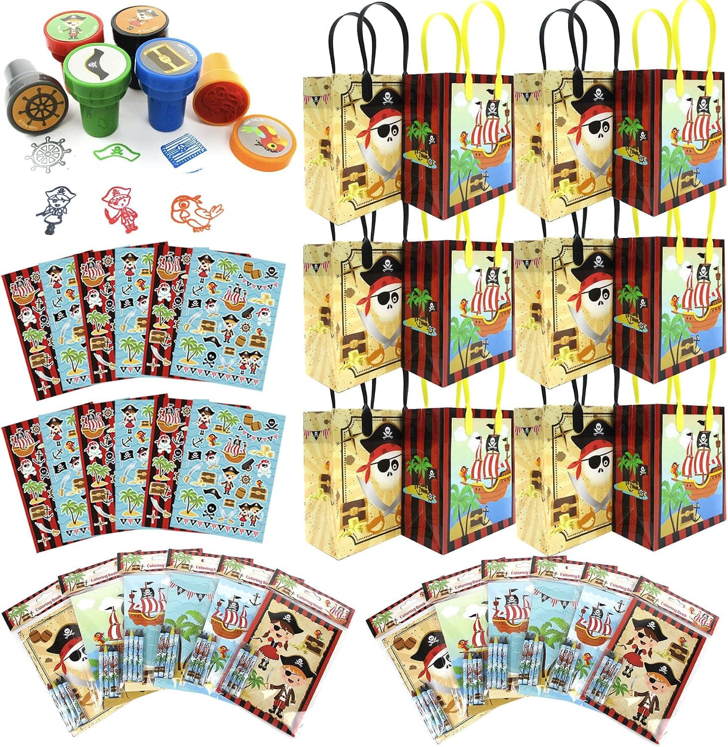TINYMILLS Pirate Birthday Party Assortment Favor Set of 108 pcs (12 Large Party Favor Treat Bags with Handles, 24 Self-Ink Stamps for Kids, 12 Sticker Sheets, 12 Coloring Books, 48 Crayons) Party Bundles for Birthday Party