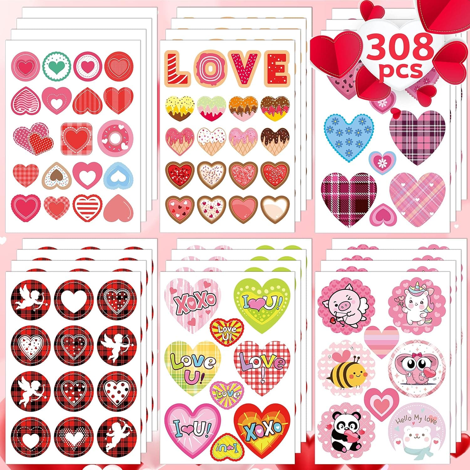 Joy Bang Valentine Stickers Valentine Heart Stickers for Kids Valentines Day Heart Labels Sticker Sheets Valentines Love Decorative Stickers for Gift Decorations Favors