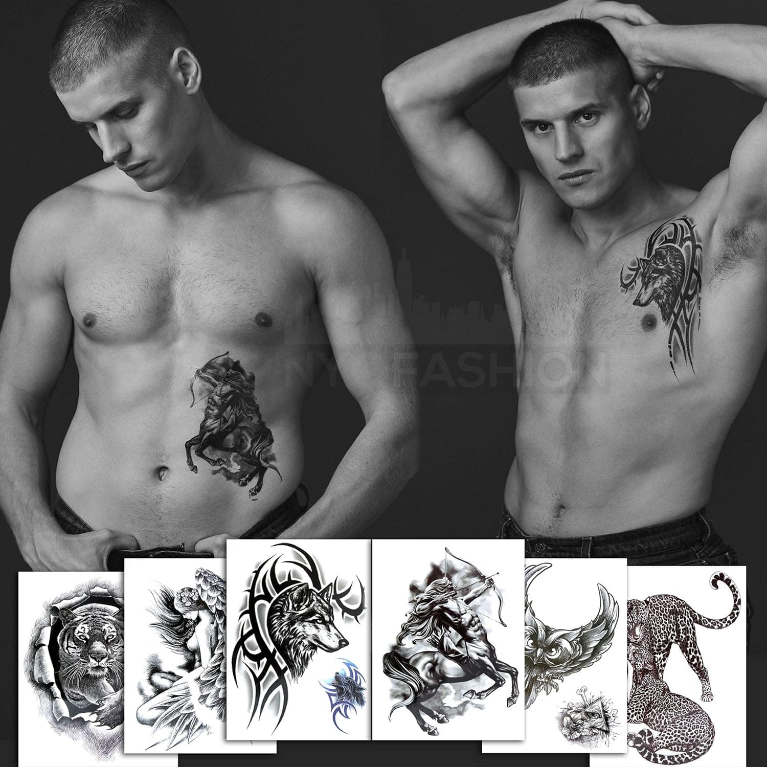 6 Cool Black Large Temporary Tattoos (+2 Small Tattoos) - Owl, Tiger, Cheetah, Wolf, Centaur, Woman Angel - Tattoos for Arms Legs Shoulder or Back