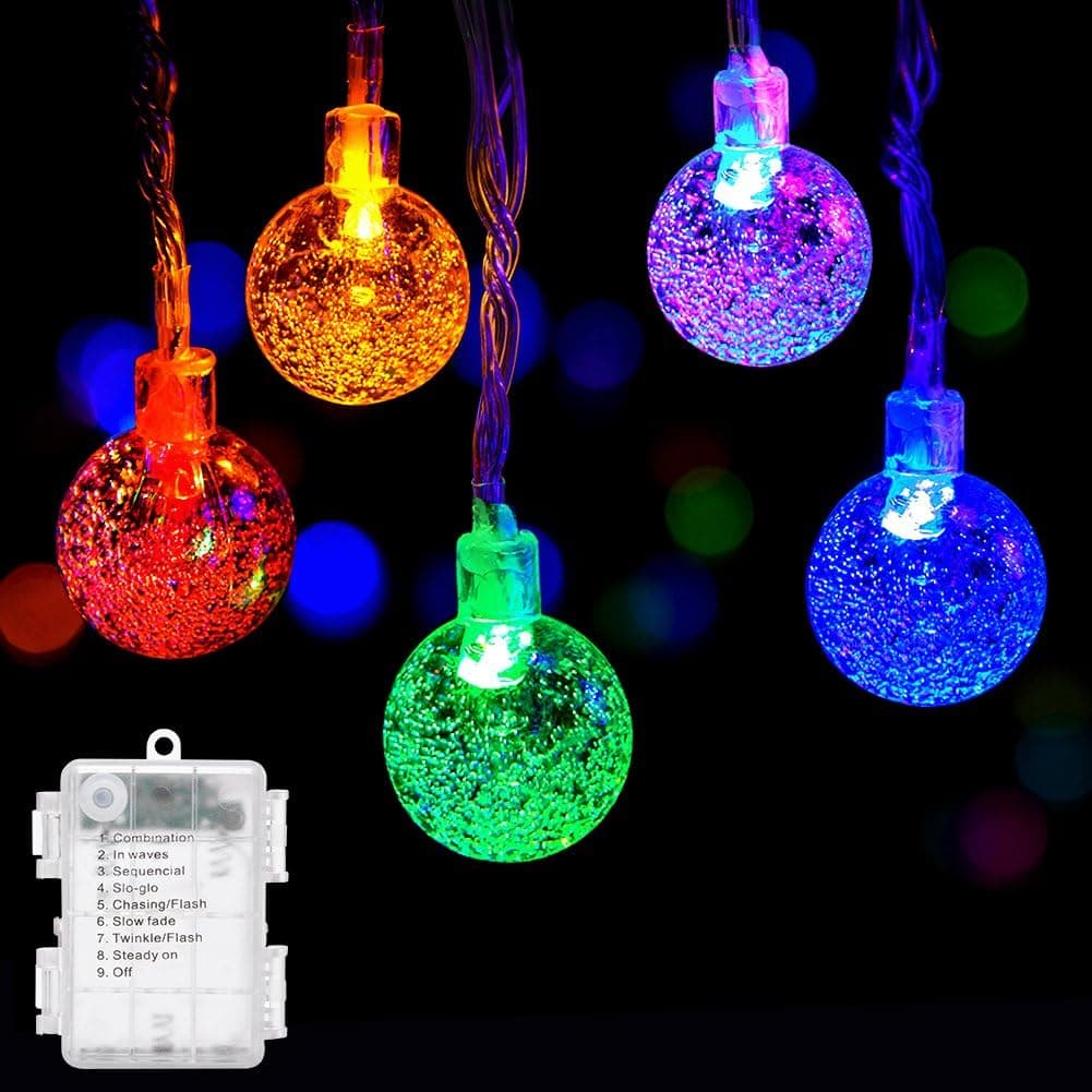 DecorNova Globe String Lights, 9.8 Feet 15 LED Battery Operated Crystal Ball String Lights with Waterproof 3 AA Battery Case, 8 Lighting Modes for Indoor Outdoor Decorations, Multi Colors