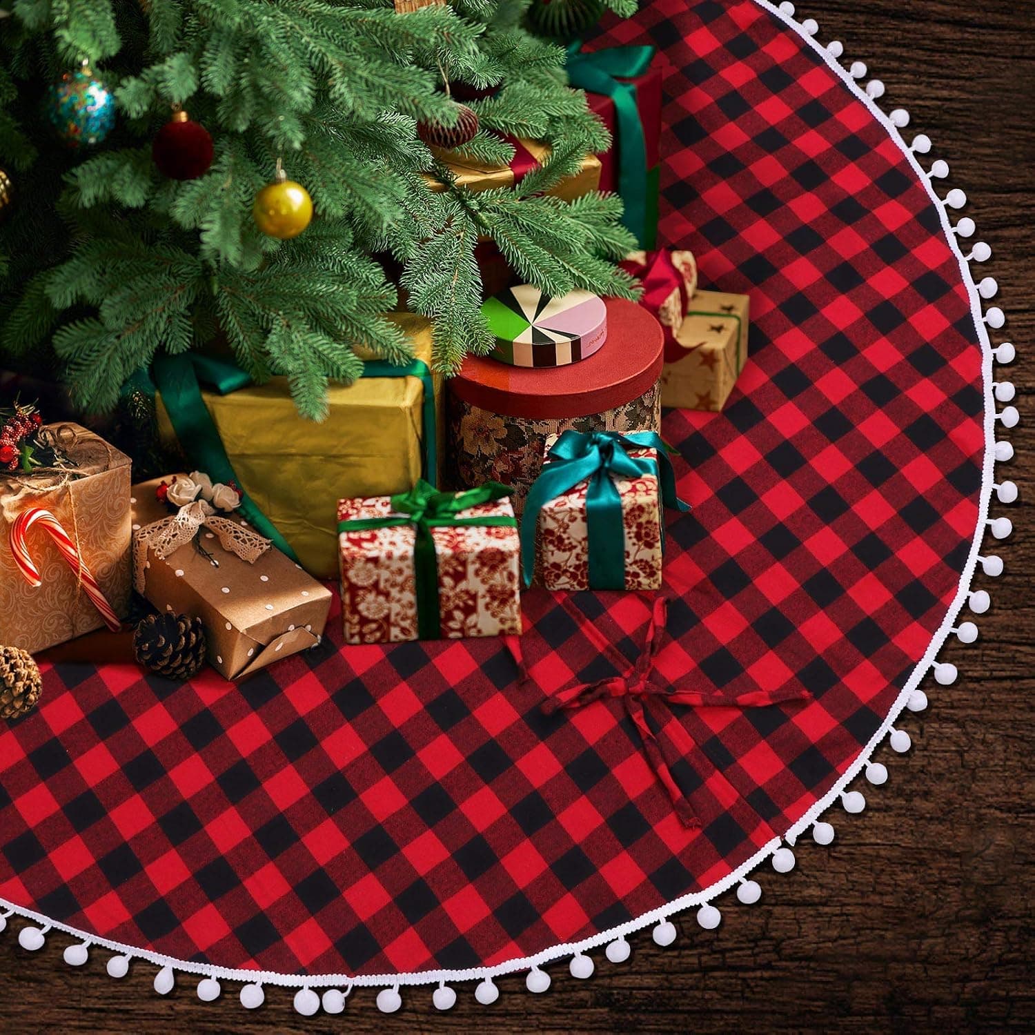 Christmas Tree Skirt 48 Inch Red Black Buffalo Plaid Tree Skirt for Christmas Decorations Clearance Xmas Rustic Farmhouse Home Decor