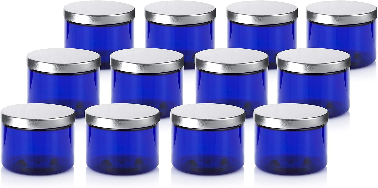 JUVITUS Cobalt Blue PET Plastic (BPA Free) Refillable Low Profile Jar with Silver Metal Lid - 6 oz (12 pack)