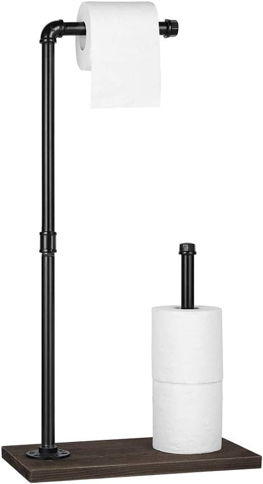 Toilet Paper Holder Stand, Free Standing Toilet Paper Holder Black Metal Pipe Roll Toilet Paper Organizer, Bathroom Paper Dispenser with Wooden Base