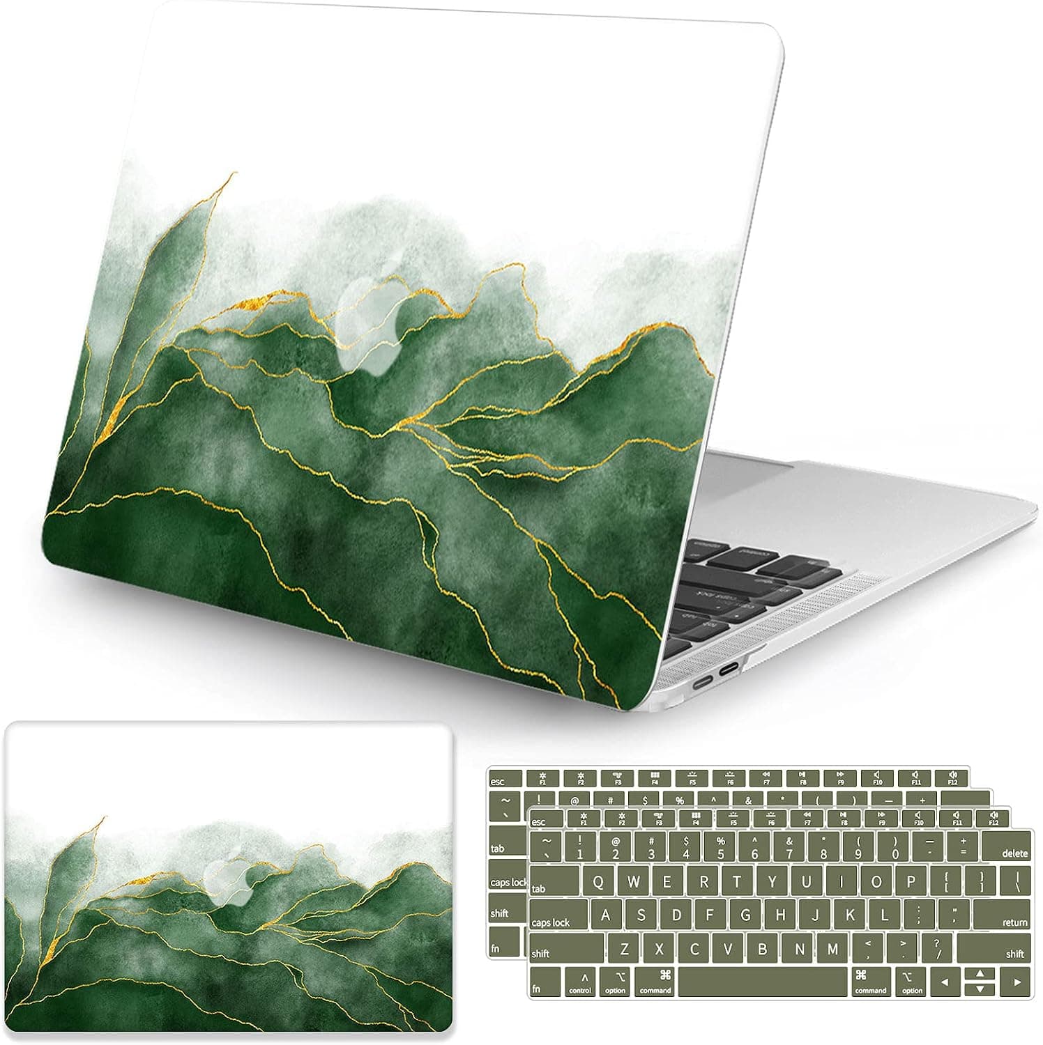 Seorsok Compatible with MacBook Air 13 Inch Model M1 A2337 A1932 A2179 Touch ID 2020 2019 2018 Release Plastic Hard Shell Case Half Marble Protective Cover with 2 Pieces Keyboard Cover，Green Marble