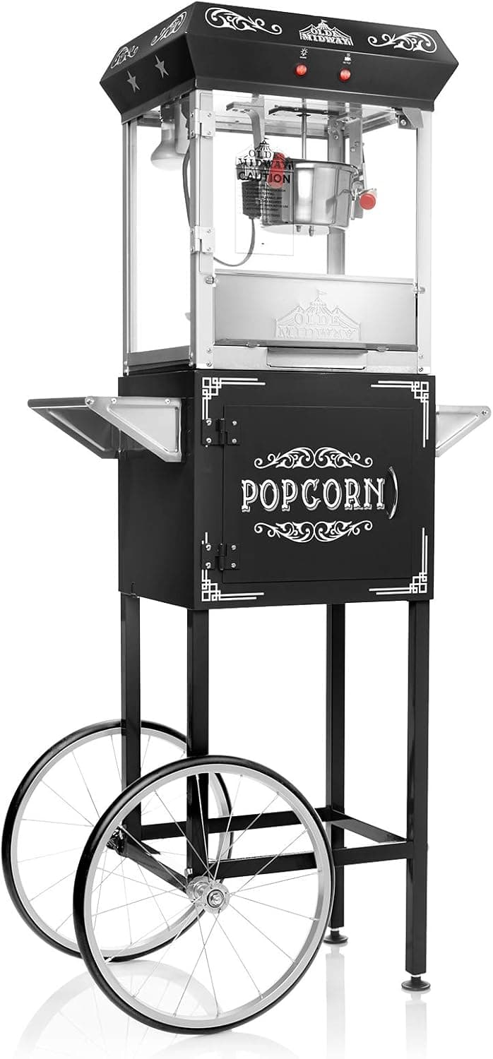 Olde Midway Vintage Style Popcorn Machine Maker Popper with Cart and 6-Ounce Kettle - Black