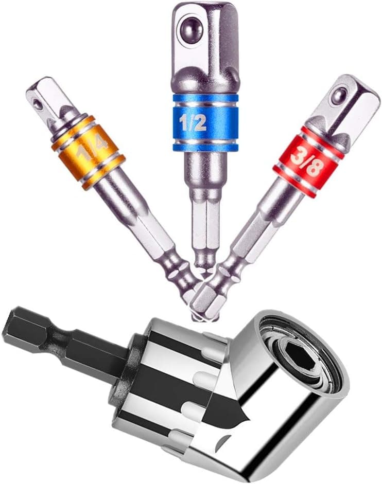 1/4-Inch Hex Socket Drive Adapters with 1/4", 3/8", 1/2" Drive with 105 Degree Right Angle Screwdriver Set Drill Hex Bit Socket Adapter, CIGOTU 4Pcs Power Hand Tools Impact Socket Adapter