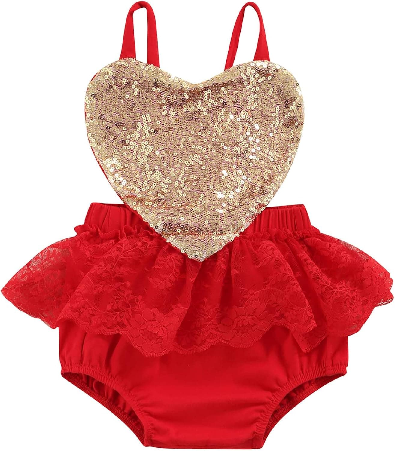 Infant Baby Girl Valentines Day Outfit Sequins Heart Halter Backless Romper Jumpsuit Tutu Skirt Lace Dress