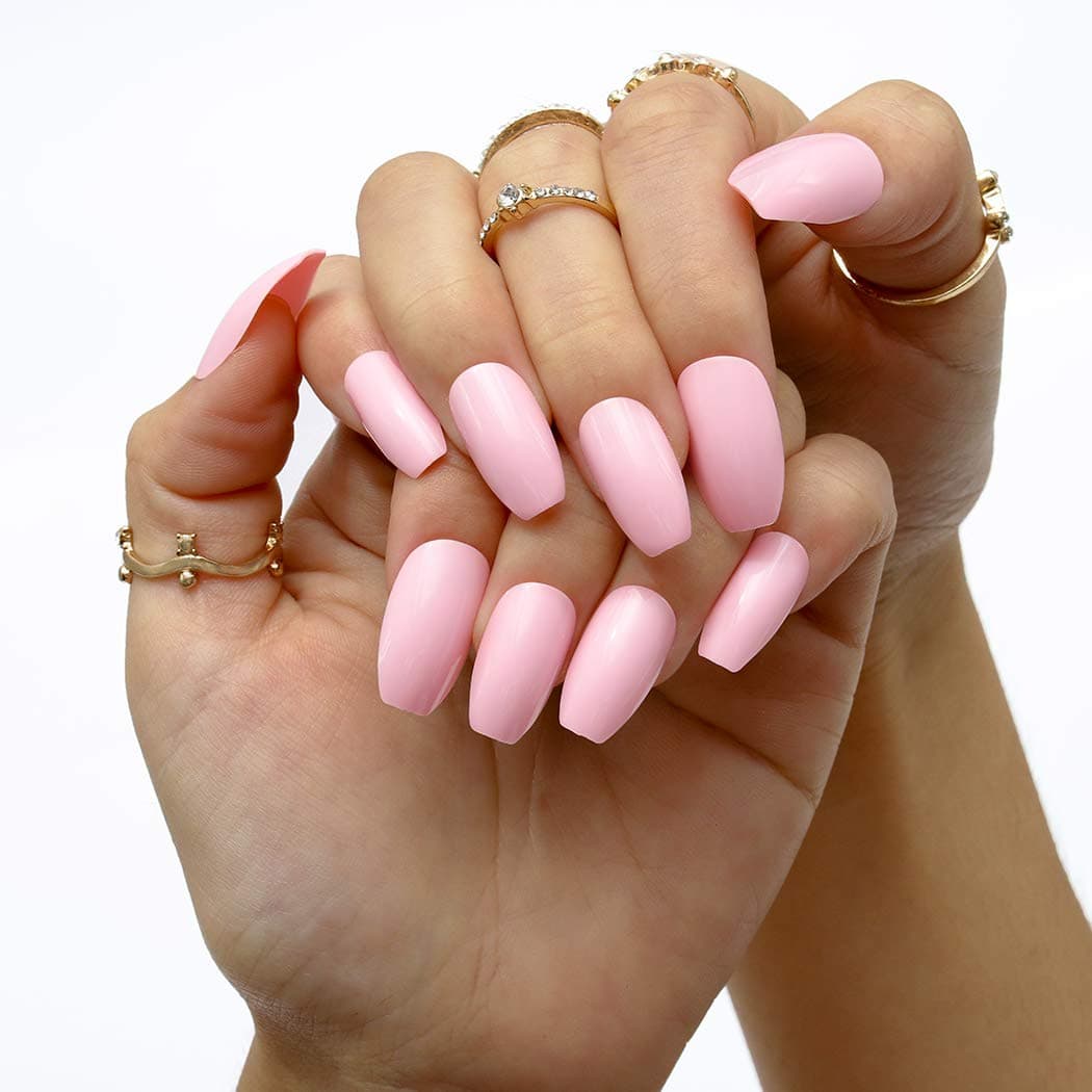 Ibliss Coffin Press on Nails Pink Long Ballerina Full Cover Fake Nails Glossy Pure Halloween Acrylic False Nail Tips for Women and Girls 24PCS