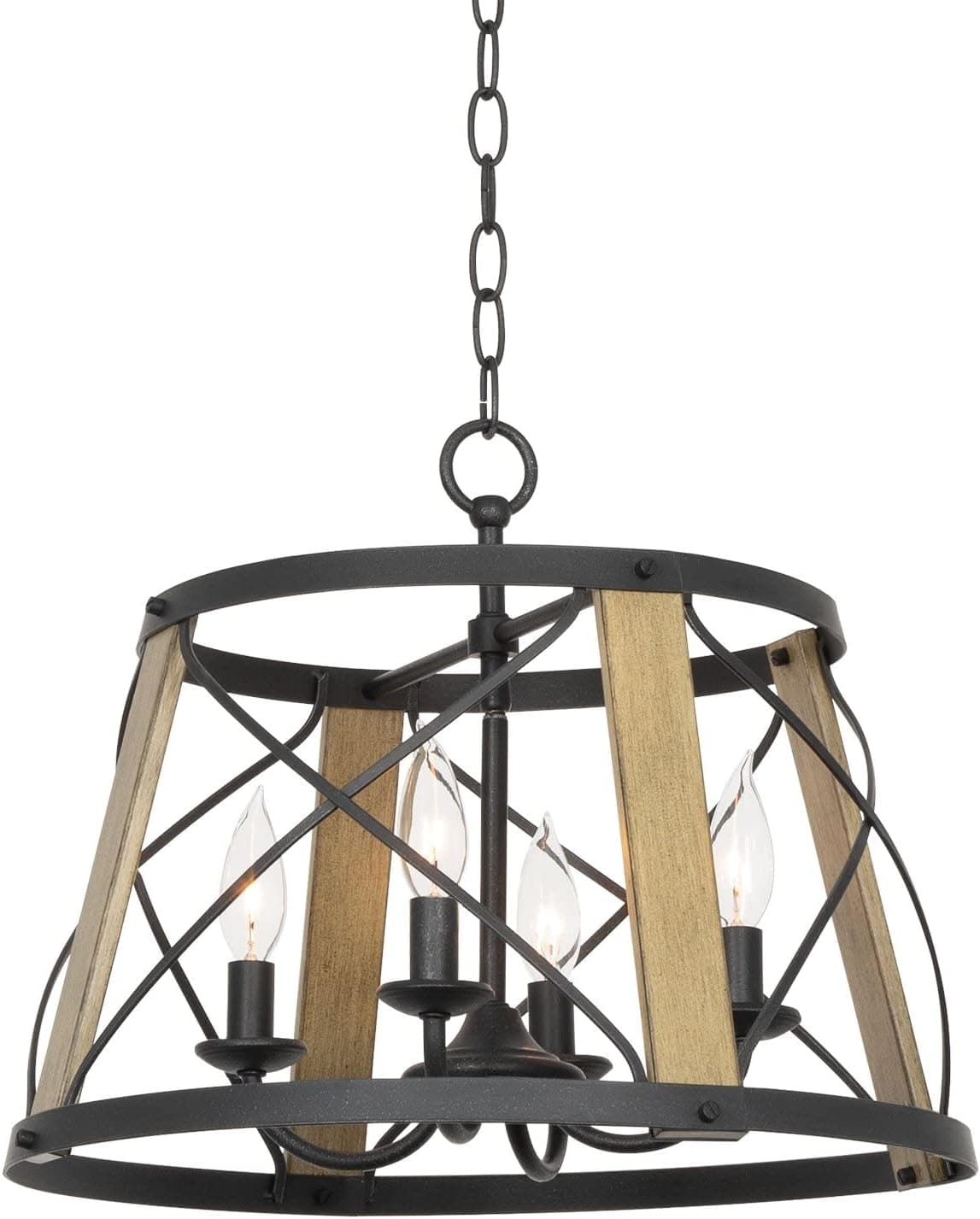 Kira Home Napa 18" 4-Light Industrial Modern Farmhouse Round Chandelier, Adjustable Hanging Height, Smoked Birch Wood Style + Textured Black Finish