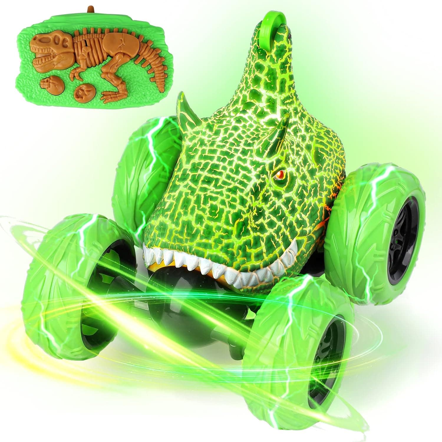 Dywalfri Remote Control Car, Dinosaur Toys RC Stunt Car 360°Rolling with LED Headlights, Rechargeable RC Car Dinosaur Toys Gifts for 4 5 6 7 8-12 Year Old Boys Girls Kids （Bullhorn Saurus ）