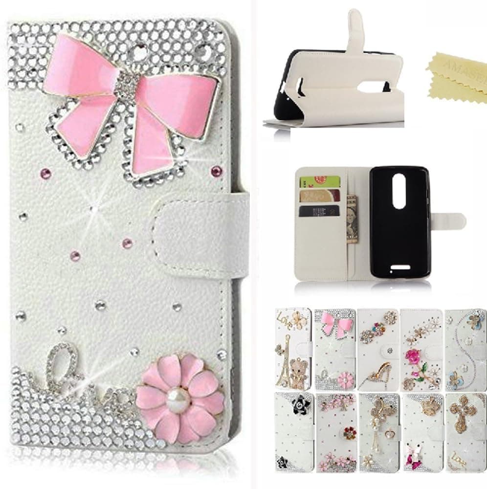 Motorola DROID Turbo 2 case, AMASELL Handmade Bling Crystal Diamond Leather Wallet Stand Case For Moto X Force, Motorola XT1580£¨2015 Release£ Case, pink bowknot