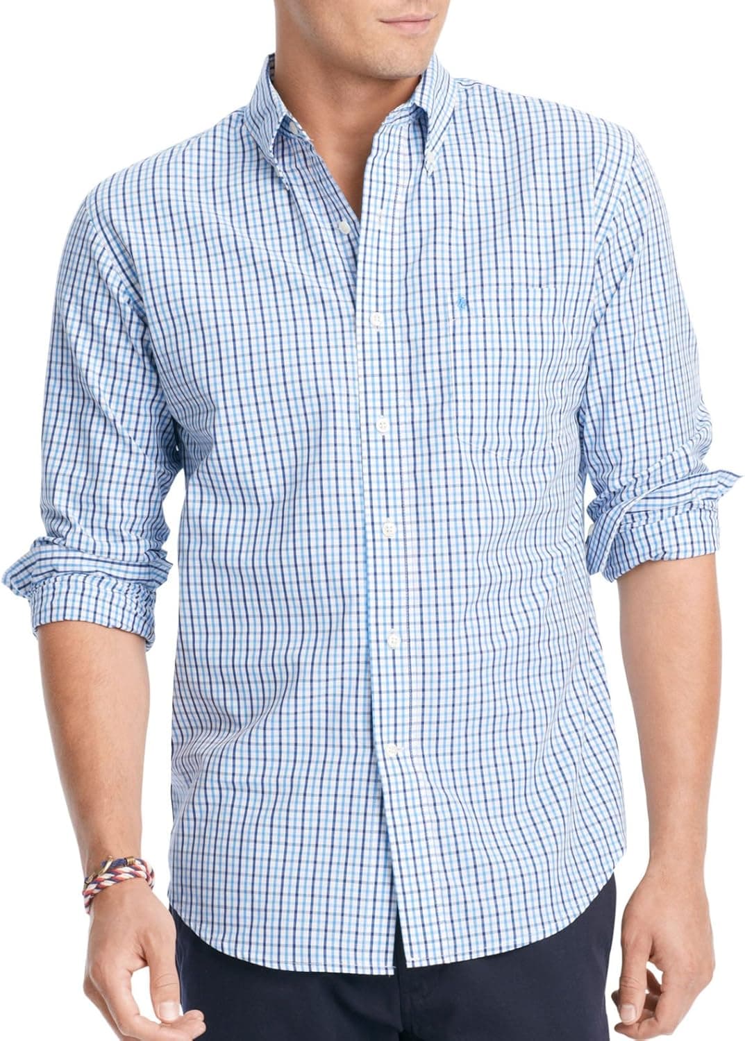 IZOD Men's Button Down Long Sleeve Stretch Performance Tattersal Shirt