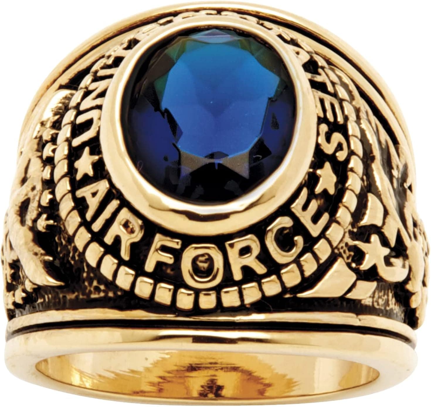 PalmBeach Jewelry Men's 14K Yellow Gold Plated Antiqued Oval Cut Simulated Red Ruby or Simulated Blue Sapphire Military Ring