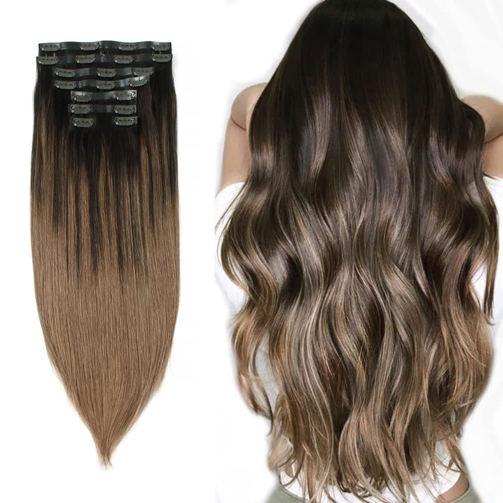 Sixstarhair Balayage Clip In Hair Extensions Dark Brown to Light Brown Human Hair Extensions Clips on Hair Full Head Hair Extensions 8 Pieces 20Inch Clip On Hair Extensions