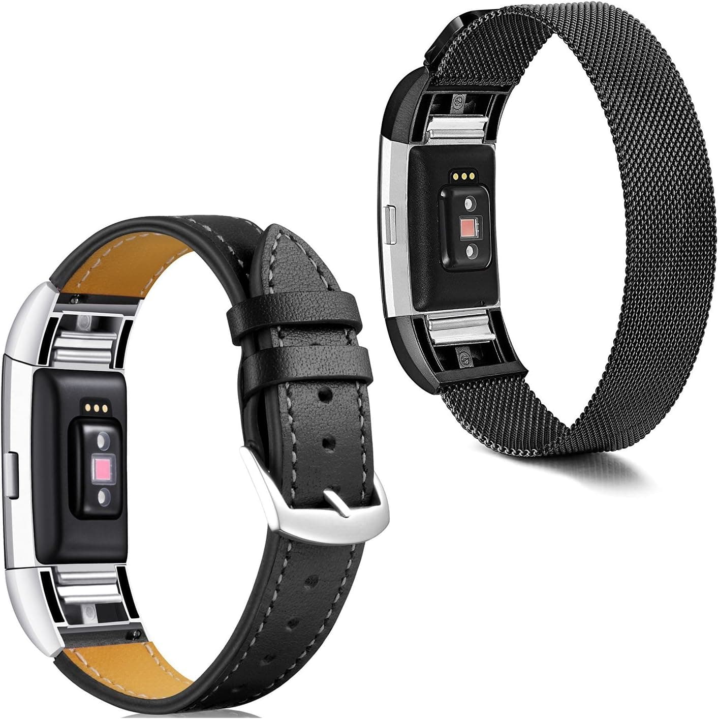 COUPOON For Fitbit Charge 2 Replacement Bands (2 Pack),Stainless Steel Magnetic Milanese Metal with Leather Bracelet Strap for Fitbit Charge 2 Women Men