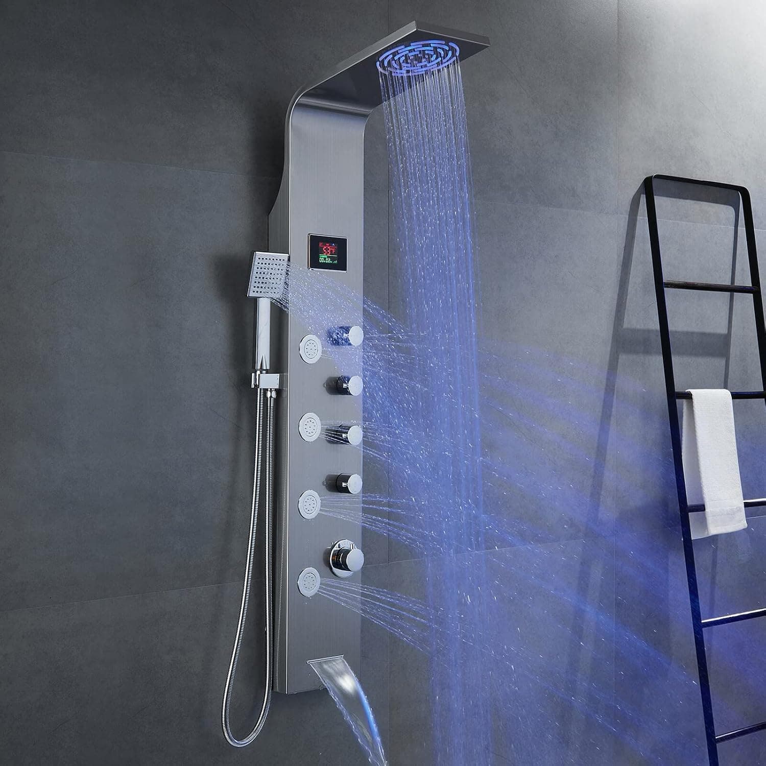 ROVOGO Shower Panel Tower with Led Lights Rainfall Shower Head, 4 Body Jets, Handheld and Tub Spout, No Battery LED Shower Column Stainless Steel Brushed