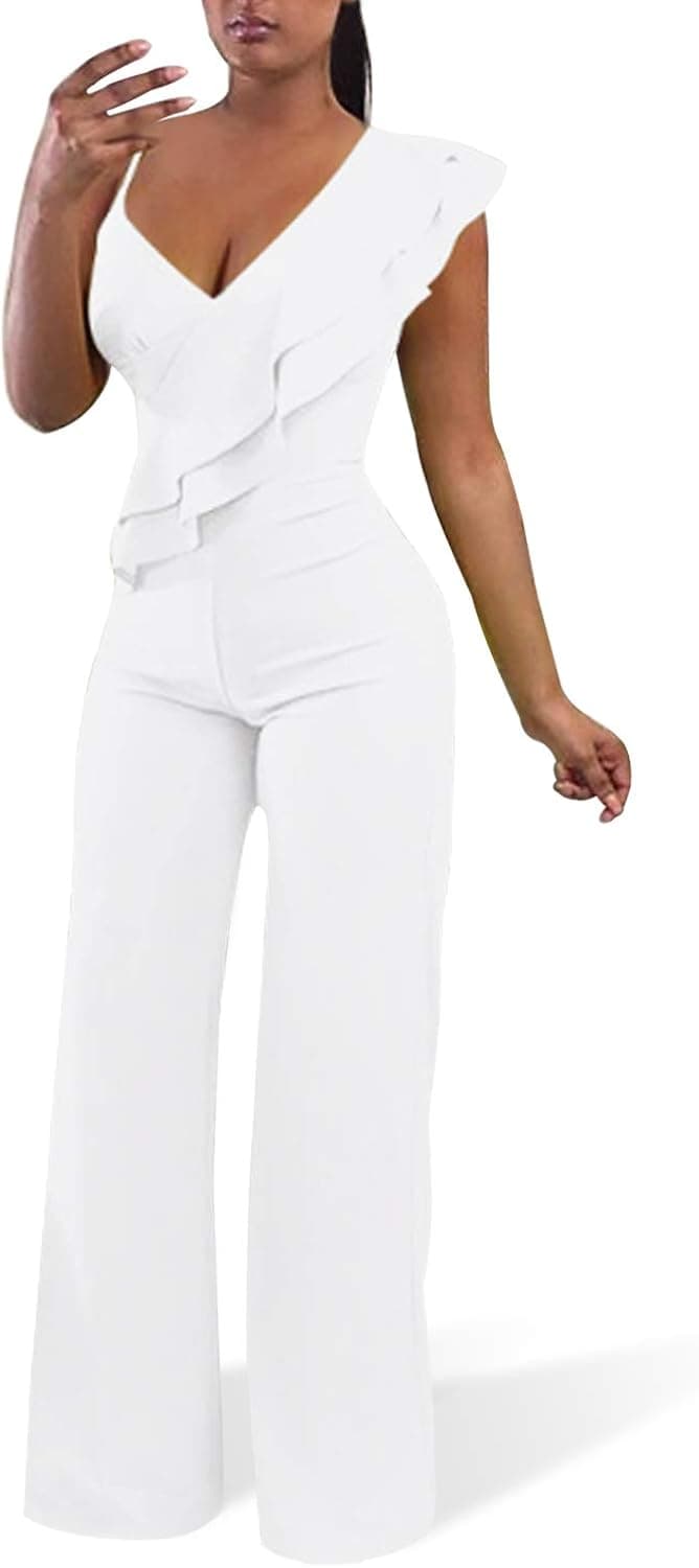 Cosics Womens White Jumpsuit, Womens Sleeveless Elegant Dressy Formal Jumpsuits Rompers, Ruffle Club Outfits with Wide Leg (Size: 8-10)