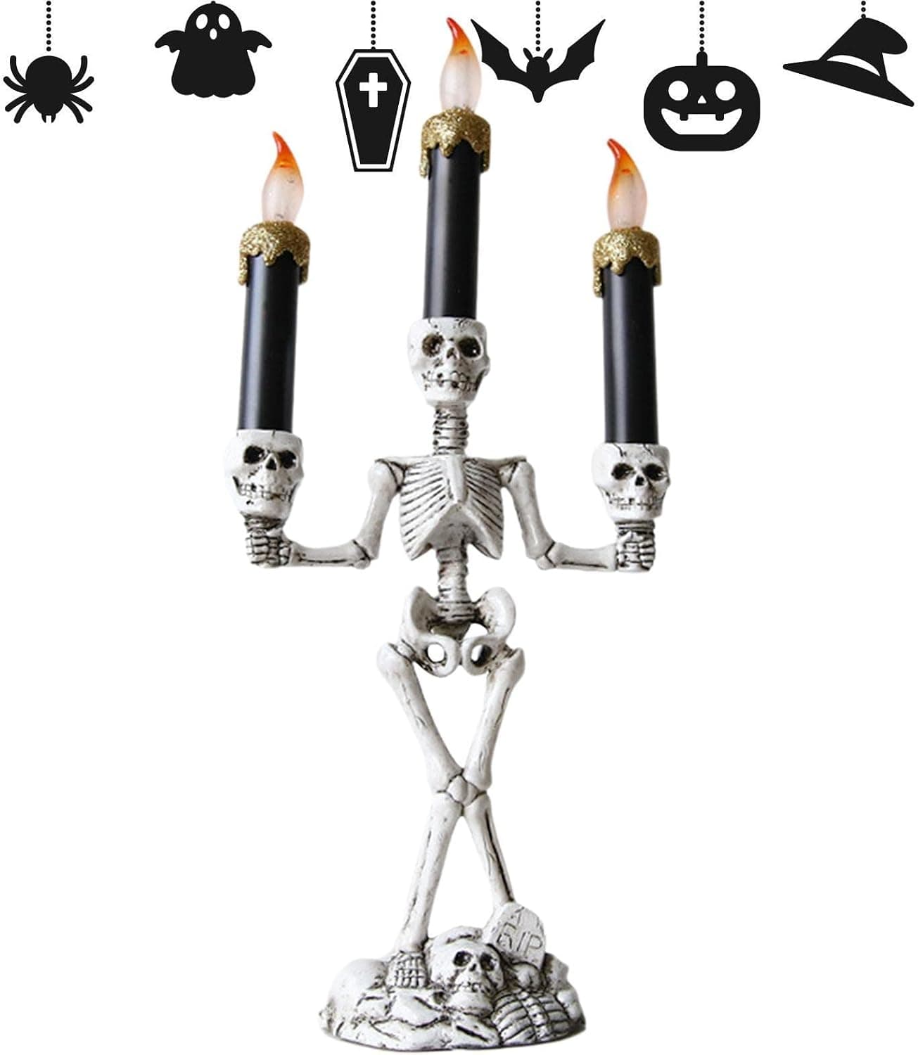 A/R Halloween Skeleton Candle Holder, Skeleton Candle Holder Light 3-Candle Candelabra, Flameless Prop Skull Candlestick for Halloween Party Decoration