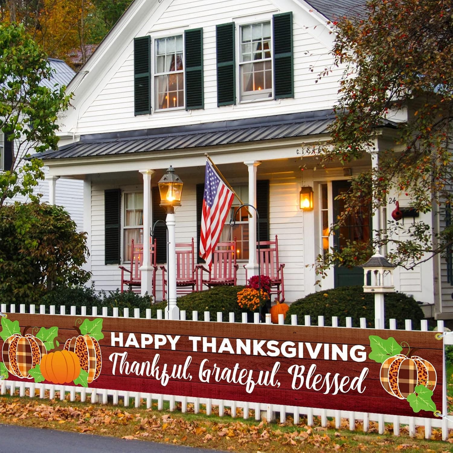 Happy Thanksgiving Banner Decorations Outside, Thankful Grateful Blessed Buffalo Check Hanging Sign with 4 Brass Grommets 20x120Inch