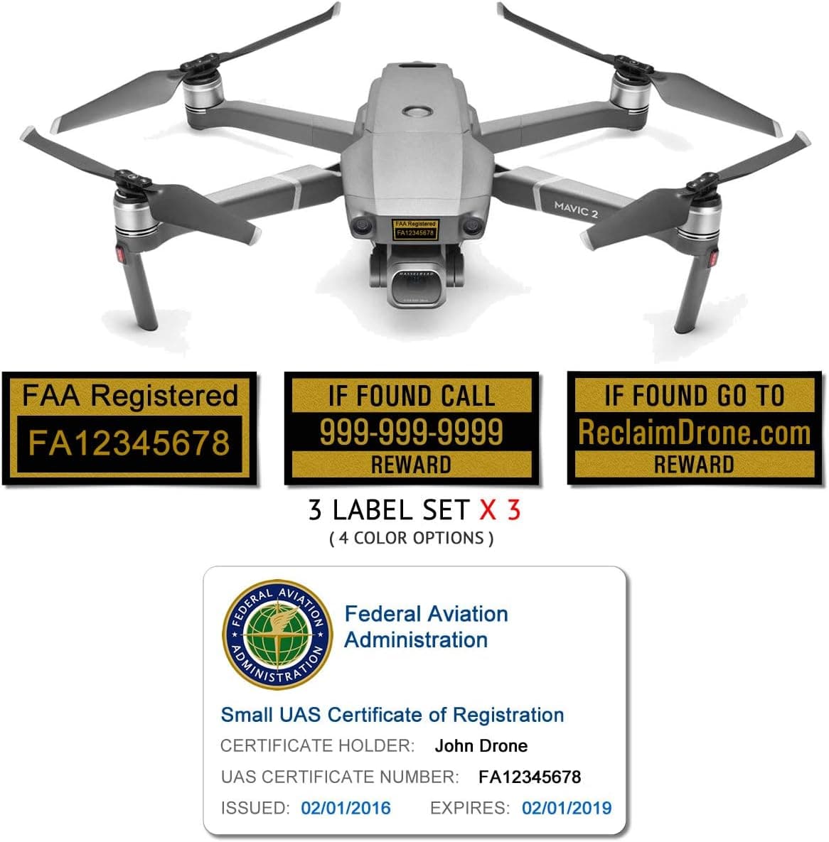 Mavic 2 Pro | Zoom Drone - FAA ID Bundle - Labels (3 Sets of 3) + FAA UAS Registration ID Card for Hobbyist Pilots + 3 Bonus Battery Labels