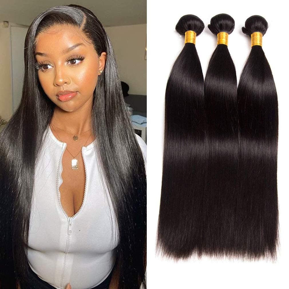 ZXZ Straight Human Hair 3 Bundles 16 18 20 Unprocessed Brazilian Virgin Hair Extensions Natural Black for Women (16 18 20)