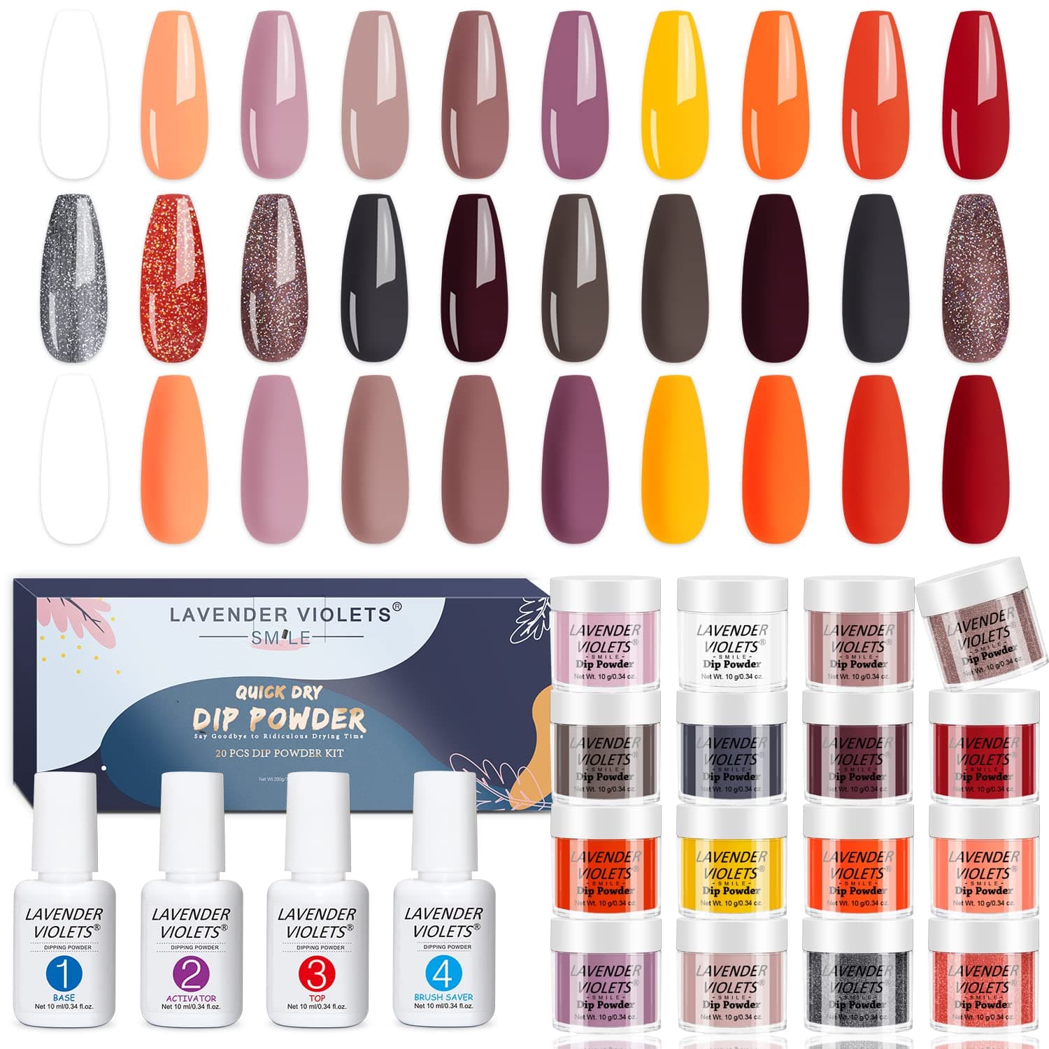 Lavender Violets 20 Pcs Dip Powder Nail Kit Starter - 16 Colors Dipping Powder Liquid Set with Base Top Coat, Activator and Brush Saver for Home Salon Nail Art Design M966